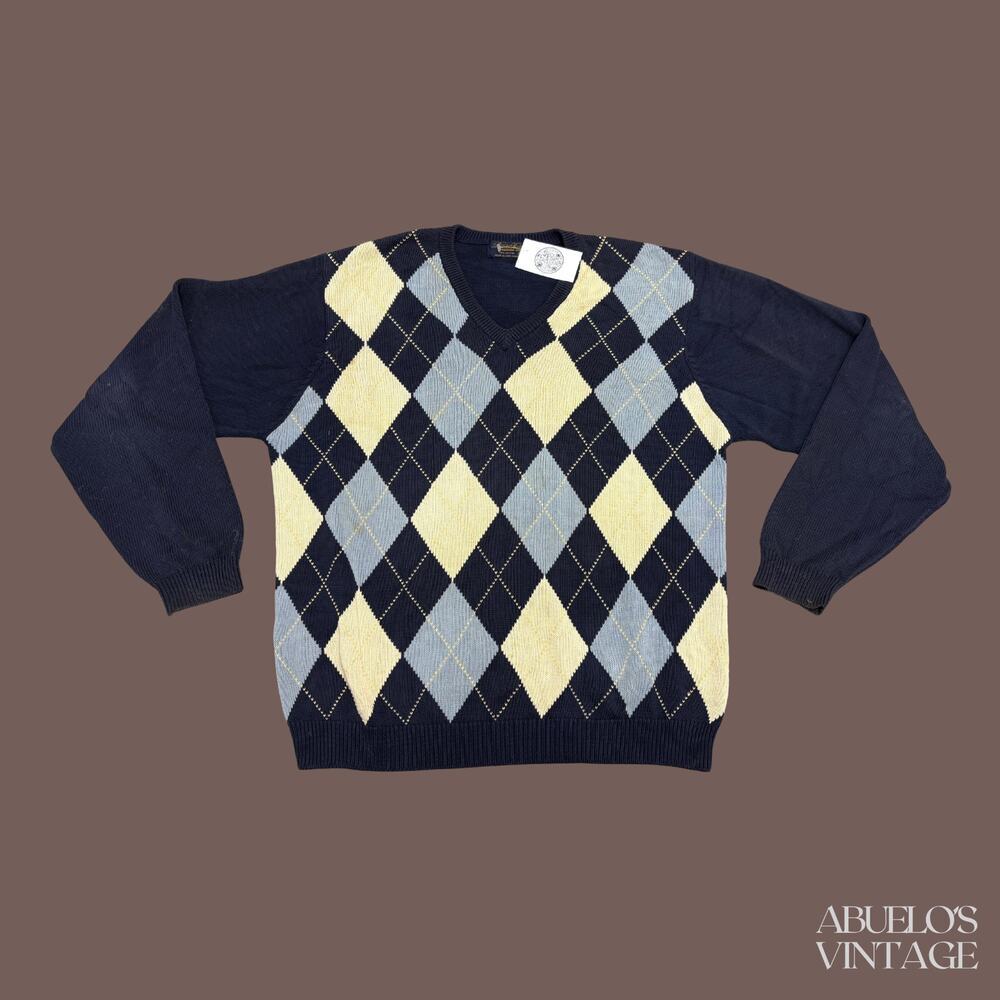 Brooks Brothers Argyle Sweater | Navy Cotton Knit | Size XL | Vintage